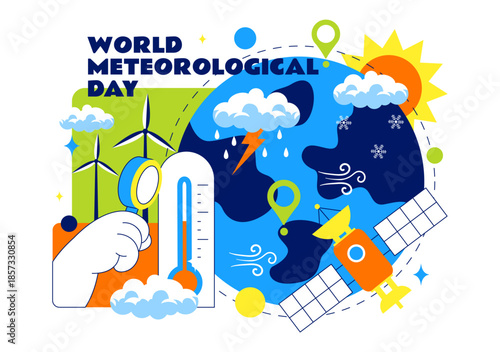 World Meteorological Day Vector Illustration on March 23 Featuring Earth Map Meteorological Science Weather Research Flat Style Background