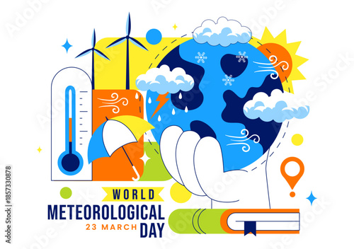 World Meteorological Day Vector Illustration on March 23 Featuring Earth Map Meteorological Science Weather Research Flat Style Background