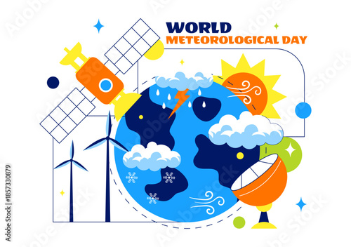 World Meteorological Day Vector Illustration on March 23 Featuring Earth Map Meteorological Science Weather Research Flat Style Background