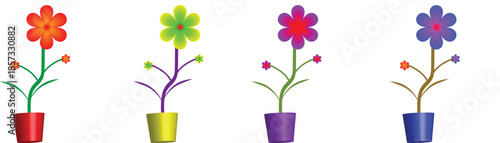 Colorful flowers in pots on white background
