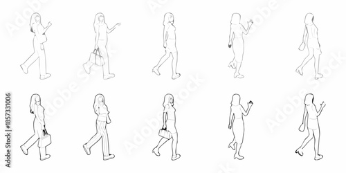 Line art illustration depicting women in various walking poses and styles