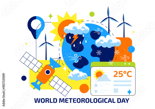 World Meteorological Day Vector Illustration on March 23 Featuring Earth Map Meteorological Science Weather Research Flat Style Background