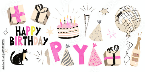 Colorful birthday celebration illustration featuring gifts cake party hats and decorations