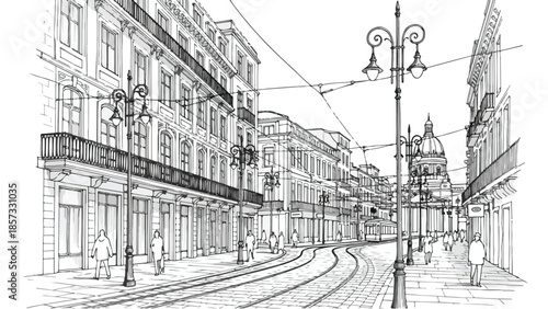 Classic european city street with historical buildings and street lamps sketch