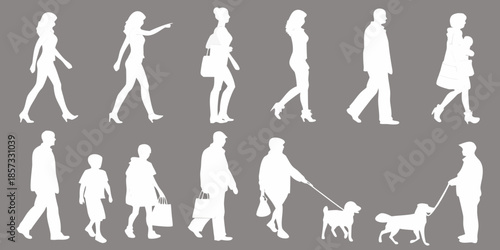 Silhouettes of people walking with a dog in various poses and attitudes