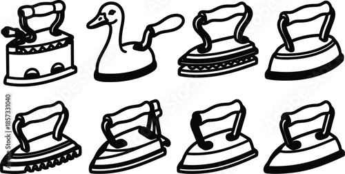 black and white illustration of various iron and duck housewares