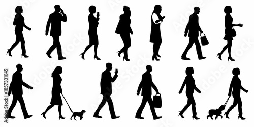 Silhouettes of people walking diverse poses and attire capturing urban movement