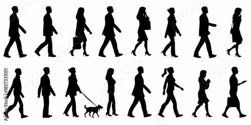 Silhouettes of people walking in various poses and with different accessories