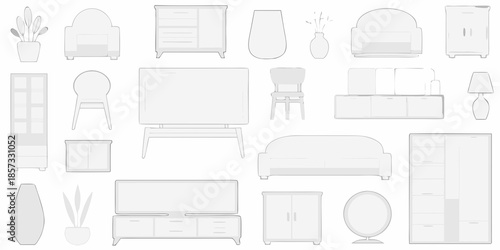 Outline of various living room and bedroom furniture items arranged neatly