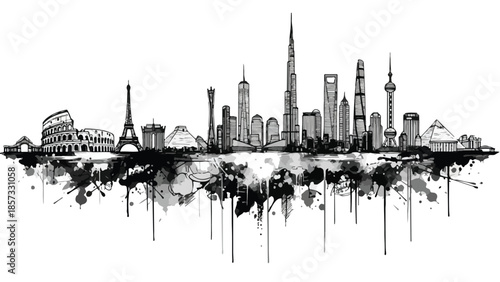 Minimalist black and white skyline silhouette of famous world landmarks