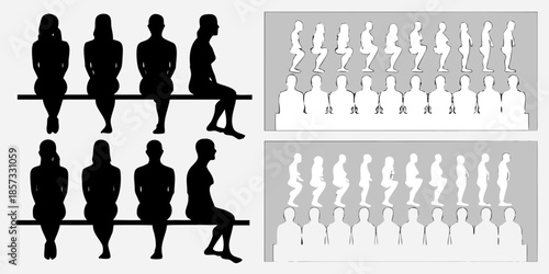 Silhouettes of people sitting on benches artistic arrangement in grayscale