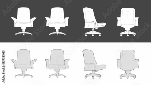 Illustration of office chairs in various views and perspectives displayed on a dark background