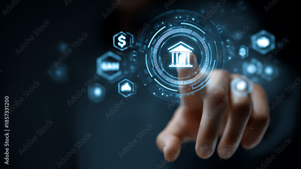 Fototapeta premium Finger touching glowing digital interface with bank icon and financial symbols finance technology
