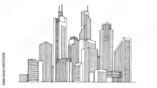 Symmetrical composition of modern glass and steel skyscrapers in city center sketch
