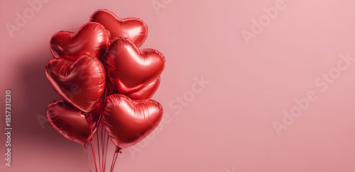 Red heart shaped balloons on pink background, flat lay with space for text. Saint Valentine's day celebration