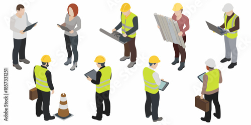 Isometric illustration of construction workers and professionals in various roles