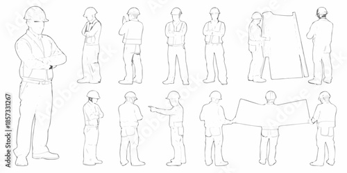Line drawing of construction workers in various poses and with blueprints