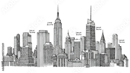 Hand drawn architectural sketch of a modern city skyline with multiple skyscrapers