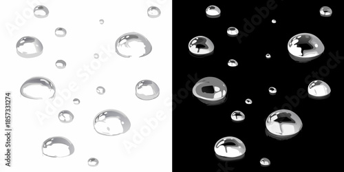 Water droplets contrasting against a black and white background