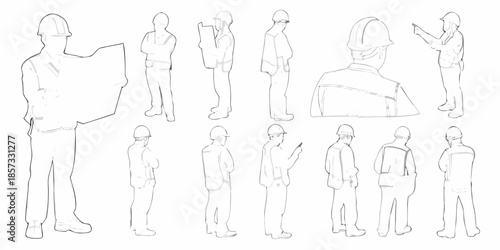 Line art depiction of diverse workers in various professional poses and attire