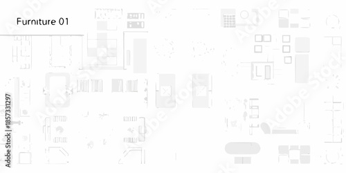 Architectural floor plan with furniture layouts and top down views of various items