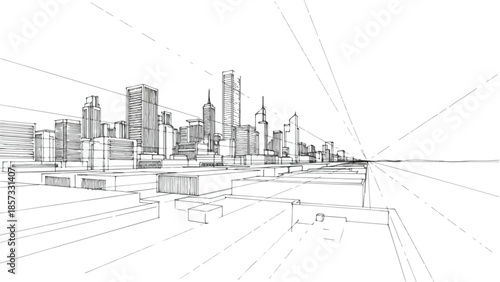 Perspective drawing of a modern office district with glass facade buildings sketch