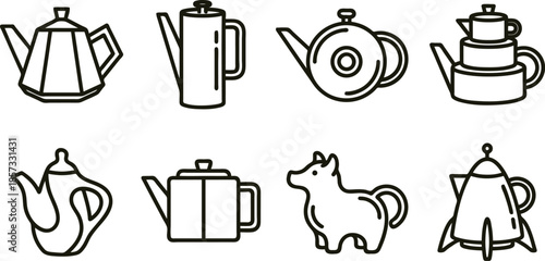 Tea pots and a dog in a simple line art style on a white background