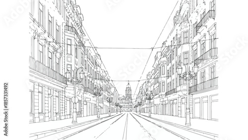 Vanishing point perspective of a long classical city street and buildings sketch