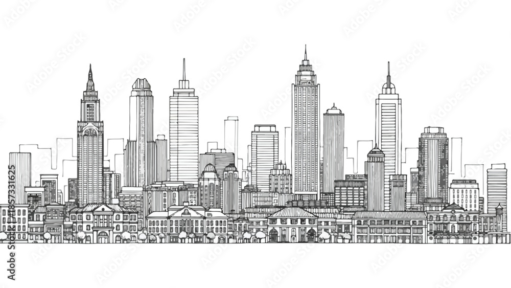 Obraz premium Linear composition of diverse modern and historical city buildings sketch
