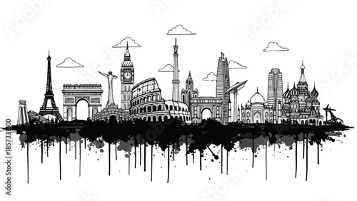 Minimalist cityscape silhouette with famous towers and buildings at night sketch