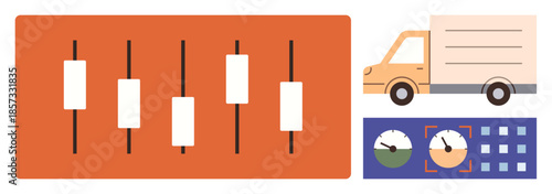 Data analysis chart with candlestick design, delivery truck, and monitoring dashboard with dials and grid interface. Ideal for logistics, analytics, tracking, operations, efficiency, insight simple