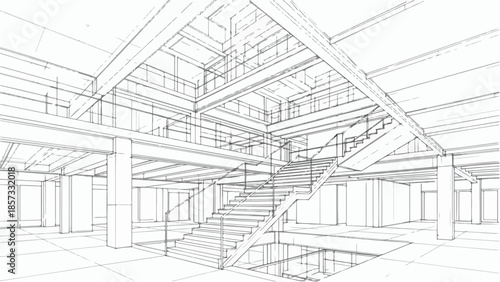 Perspective view of a modern industrial warehouse interior with exposed steel structure