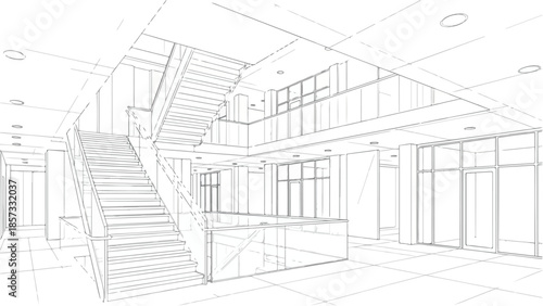 Interior architectural sketch of a multi-level modern building atrium with stairs