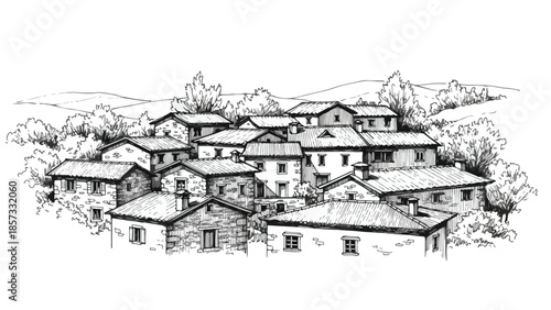 Traditional mediterranean hillside village with clustered houses and narrow streets