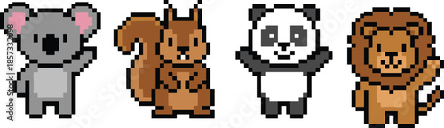 Cute pixel animal characters set, koala squirrel panda lion, kawaii retro 8bit game vector illustration icons for kids design assets