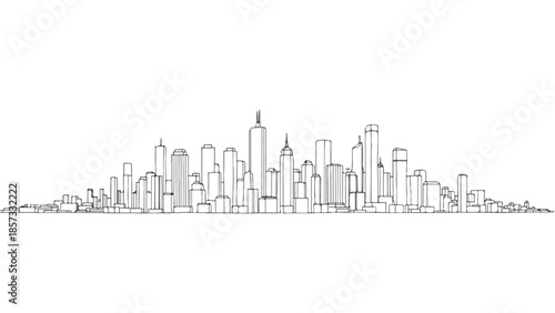 Continuous line drawing of a minimalist urban city skyline with thin towers