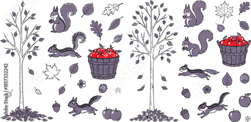 Autumn forest animals and nature elements collection in a playful hand drawn outline style