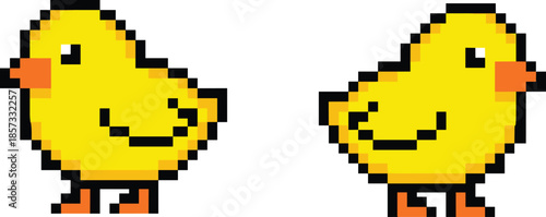 Cute pixel yellow chicks pair, retro 8bit baby bird characters, adorable vector illustration icons for game assets and children design
