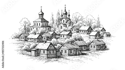 Picturesque russian or eastern european village with traditional wooden houses and church