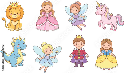 Fantasy cartoon characters, fairy tale icons, princess, prince, unicorn, dragon, fairy, lion king, magical creatures, kids clipart, colorful, cute