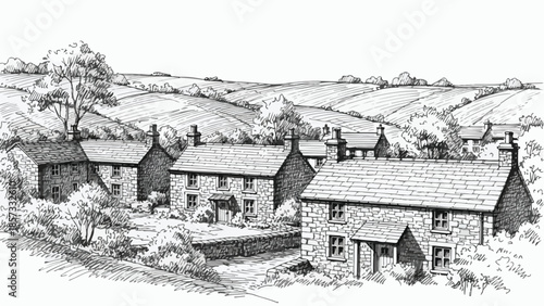 Perspective drawing of a cozy row of traditional cottages in a rural village