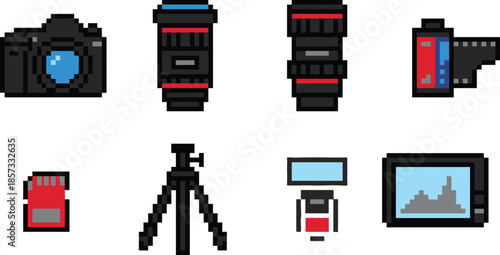 Pixel camera equipment set with DSLR lenses tripod flash memory card and display retro 8bit vector icons for game UI assets