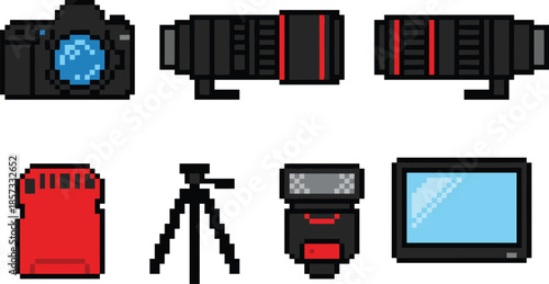 Pixel camera gear set, retro 8bit photography icons, DSLR lens tripod flash, colorful vector illustration for game UI design assets