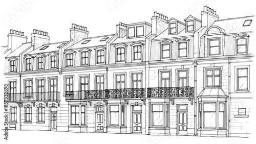 Detailed architectural sketch of a classical row house facade with balconies