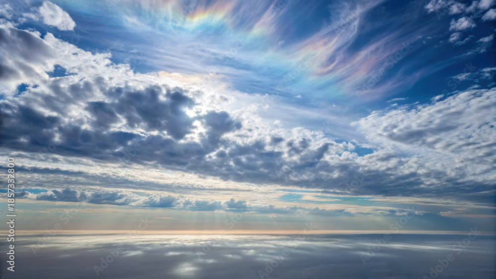 Obraz premium Expansive skyline interpretation. vast celestial vista with drifting clouds and colorful sky over calm ocean