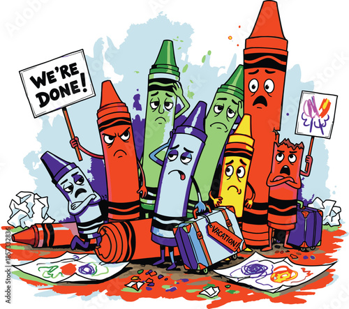 Group of tired cartoon crayons holding protest signs and packing for a much needed vacation from drawing