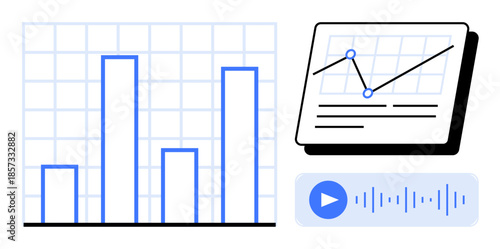 Bar graph, interactive line chart, and audio play button represent data analysis, reports, dashboard, research, presentations, performance and tracking insights. Ideal for a simple flat metaphor