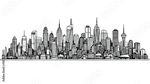 Detailed ink sketch of a dense metropolitan skyline with numerous skyscrapers