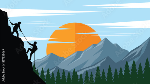 Rock climbing illustration, mountain adventure vector, teamwork concept, nature scene, forest, sunset, cliff, rope, outdoor, hiking, scenic, bold, dynamic