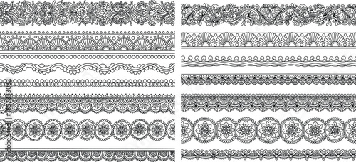 Intricate line art henna border patterns with traditional floral and geometric motifs for decorative textile trim